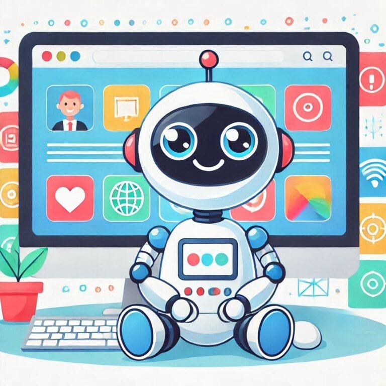 Ilustração de um robô sorridente com design futurista, sentado em frente a um monitor repleto de ícones de aplicativos, como coração, globo e gráficos. Representação de inteligência artificial, crawlers, redirects e automação amigável.