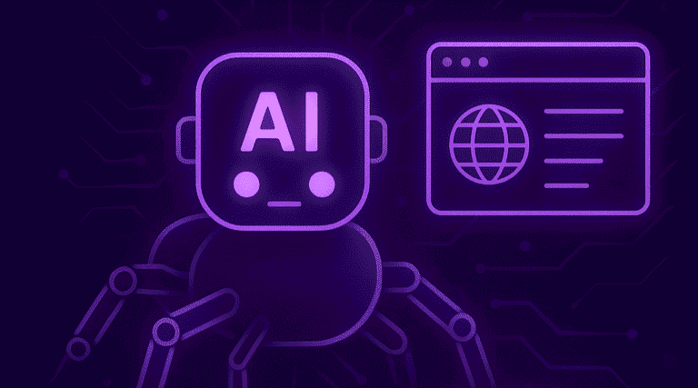 Ilustração de um robô com “AI” no rosto, em tons de roxo, simbolizando bots de inteligência artificial rastreando páginas da web