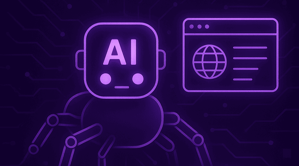 Ilustração de um robô com “AI” no rosto, em tons de roxo, simbolizando bots de inteligência artificial rastreando páginas da web