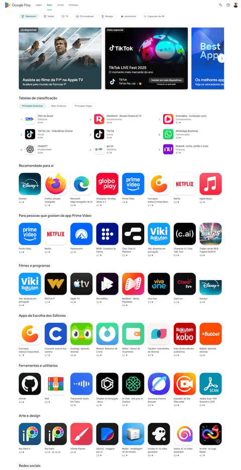 Play Store (Google Play) no navegador exibindo destaques de Apple TV e TikTok LIVE Fest 2025, tabelas de classificação e recomendações de apps como TikTok, WhatsApp Business, Netflix, Prime Video e Disney+.